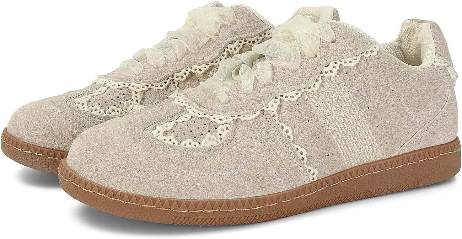 Women Lace Detail Casual Sneakers Elegant Ribbon Lace-Up Shoes with Memory Foam
