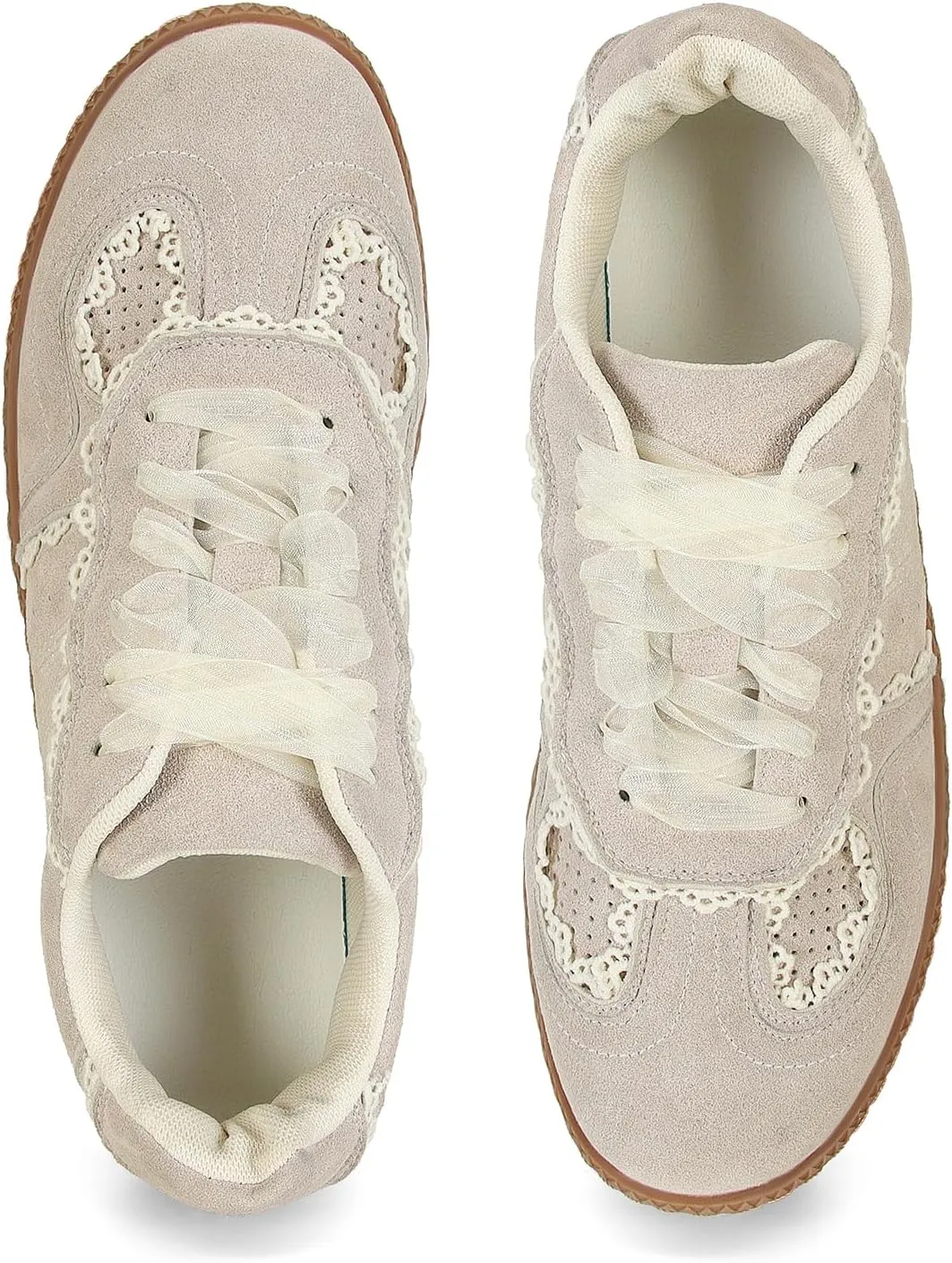 Women Lace Detail Casual Sneakers Elegant Ribbon Lace-Up Shoes with Memory Foam