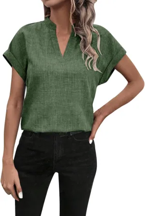 Women Linen Shirts Short Sleeve V Neck Linen Tops Summer Fashion Clothes Women Cropped Petite Causal Business Blouse