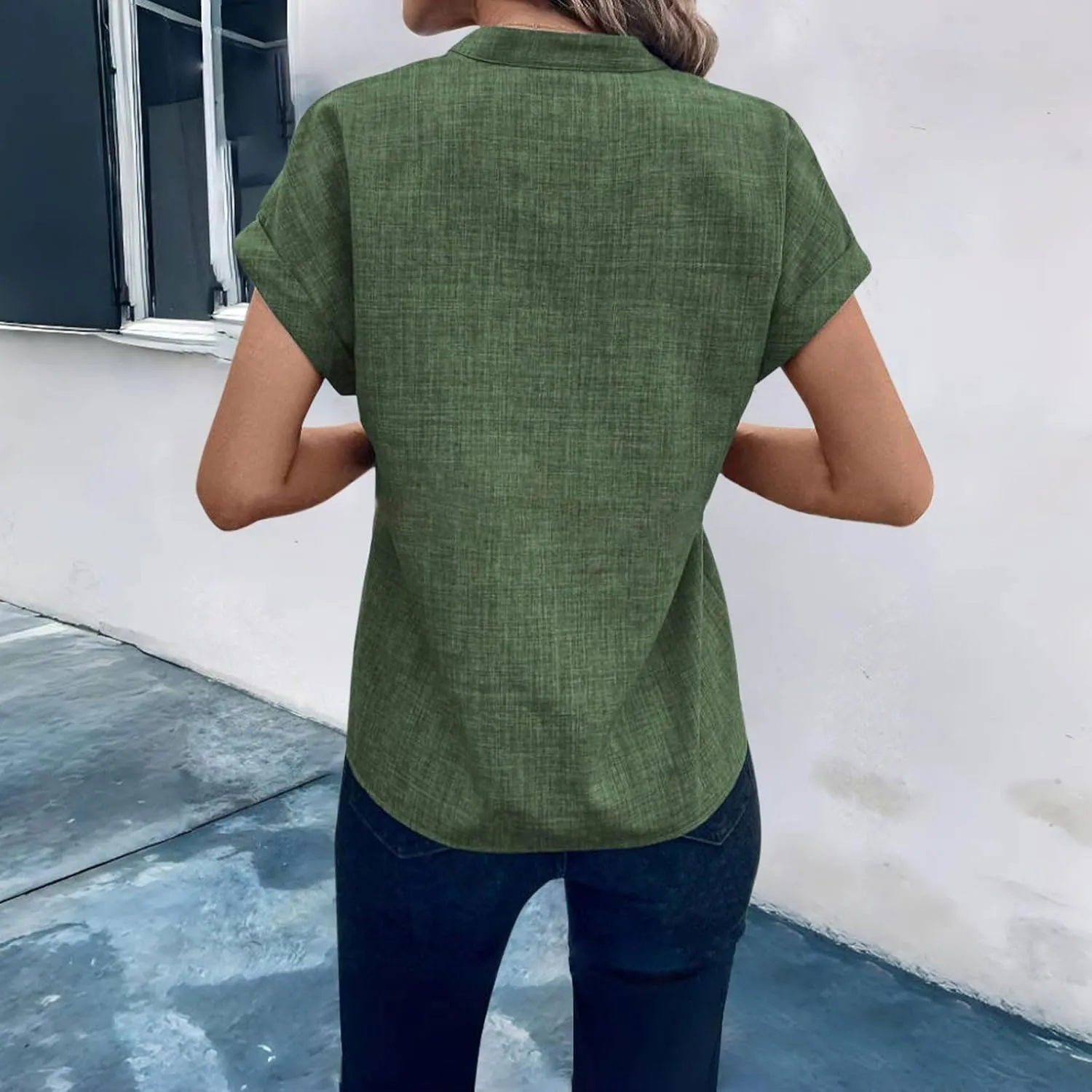 Women Linen Shirts Short Sleeve V Neck Linen Tops Summer Fashion Clothes Women Cropped Petite Causal Business Blouse