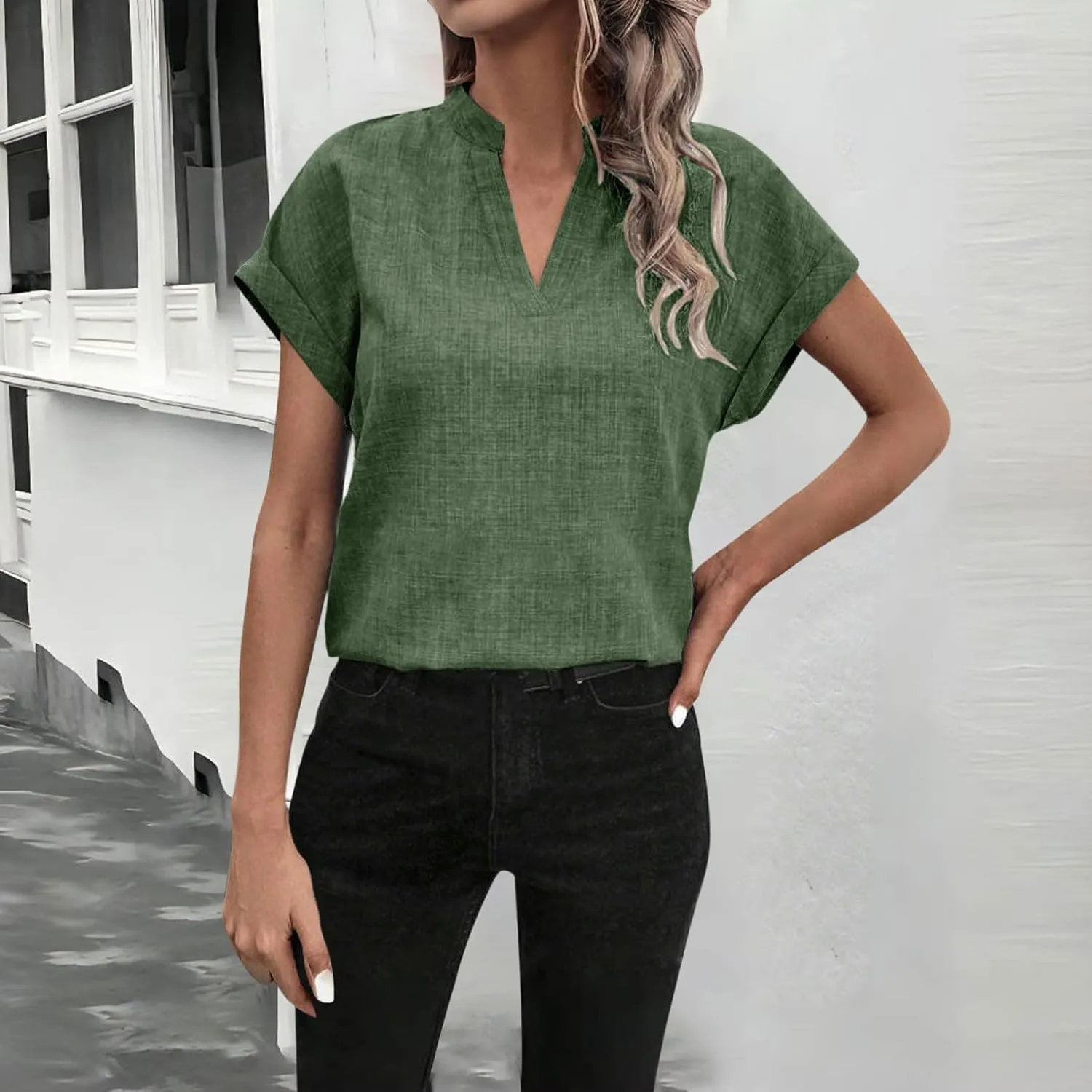 Women Linen Shirts Short Sleeve V Neck Linen Tops Summer Fashion Clothes Women Cropped Petite Causal Business Blouse