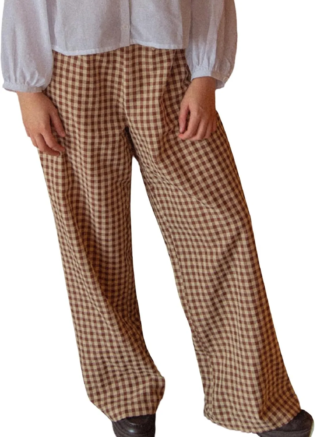 Women Plaid Striped Pants Elastic Waist Wide Leg Gingham Plaid Print Pajama Pants Casual Lounge Trousers