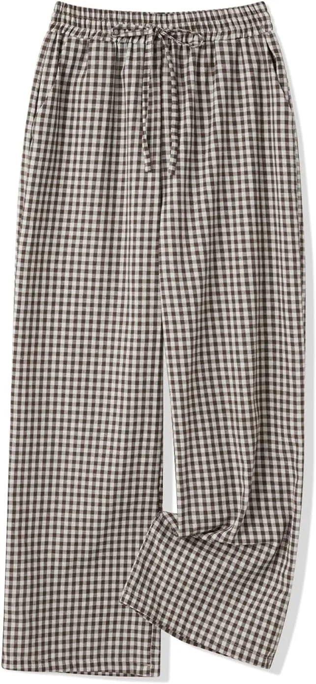 Women Plaid Striped Pants Elastic Waist Wide Leg Gingham Plaid Print Pajama Pants Casual Lounge Trousers