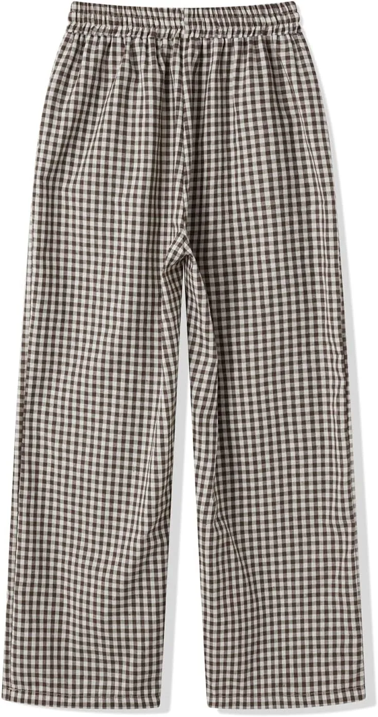 Women Plaid Striped Pants Elastic Waist Wide Leg Gingham Plaid Print Pajama Pants Casual Lounge Trousers