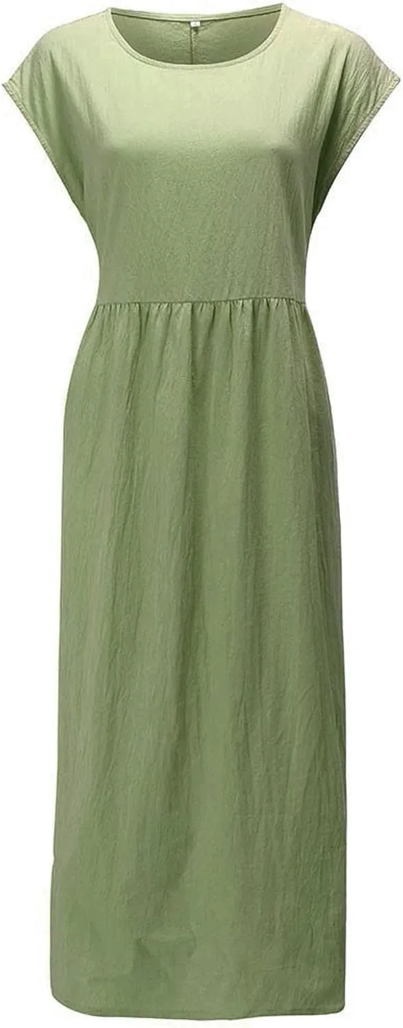 Women Plus Size Cotton Linen Dress Summer Short Sleeve Round Neck Casual Dress Beach Midi Sundress with Pockets