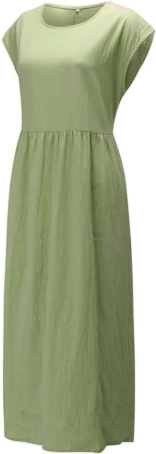 Women Plus Size Cotton Linen Dress Summer Short Sleeve Round Neck Casual Dress Beach Midi Sundress with Pockets