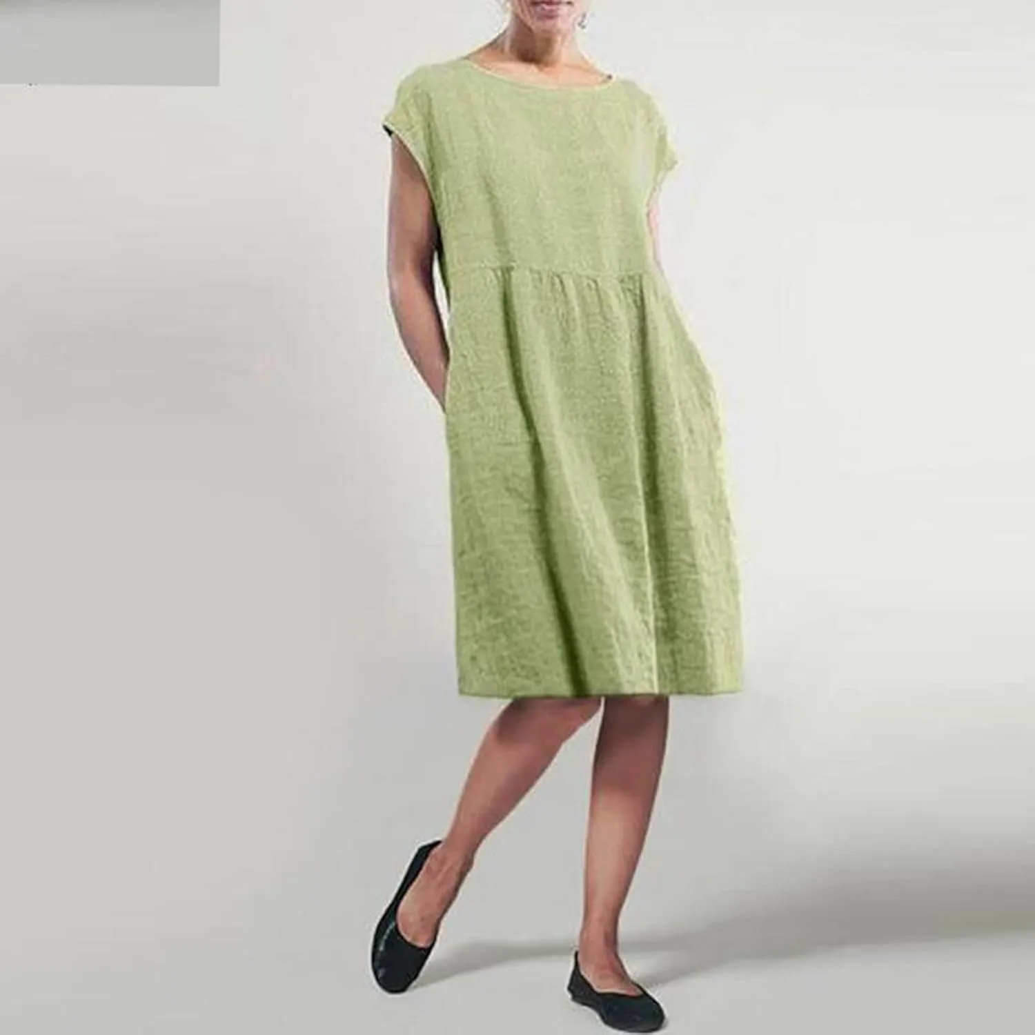 Women Plus Size Cotton Linen Dress Summer Short Sleeve Round Neck Casual Dress Beach Midi Sundress with Pockets