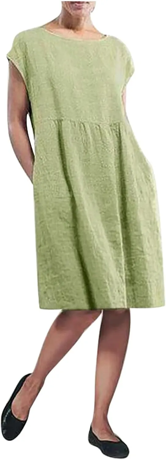 Women Plus Size Cotton Linen Dress Summer Short Sleeve Round Neck Casual Dress Beach Midi Sundress with Pockets