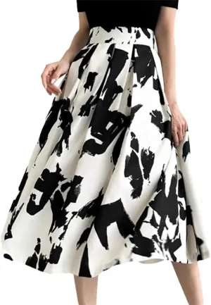 Women Skirts Printed Thin Midi Skirts High Waist Loose Pleated A-Line Skirts