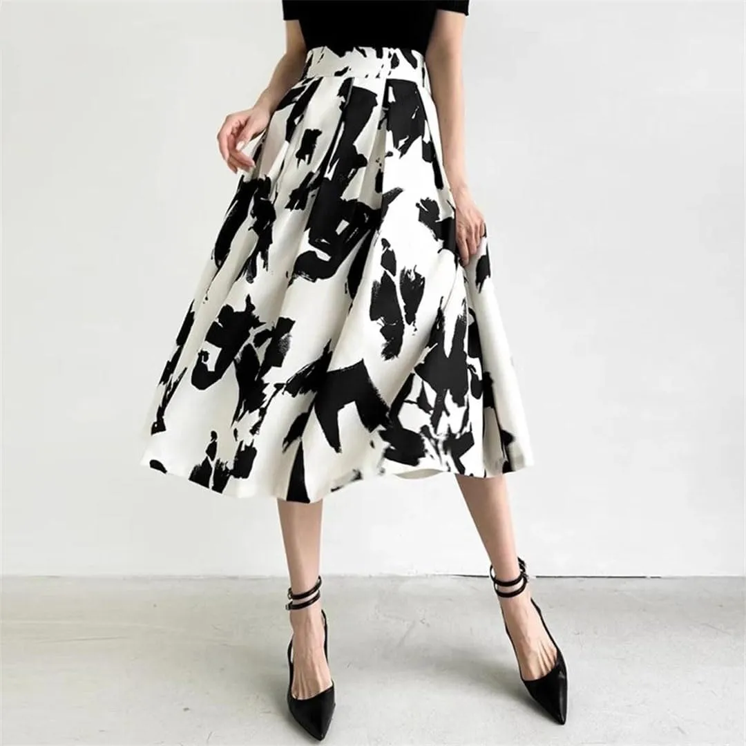 Women Skirts Printed Thin Midi Skirts High Waist Loose Pleated A-Line Skirts