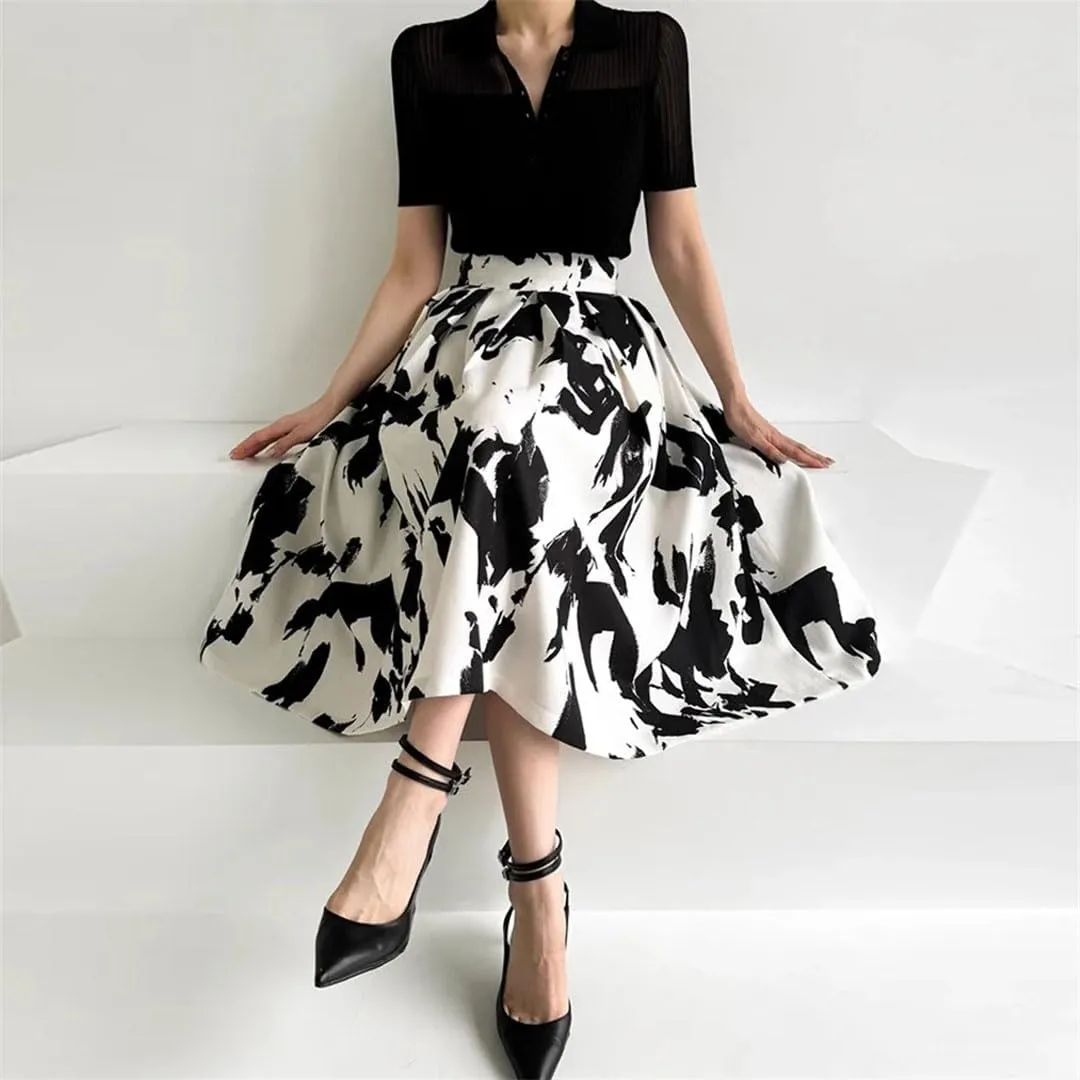 Women Skirts Printed Thin Midi Skirts High Waist Loose Pleated A-Line Skirts