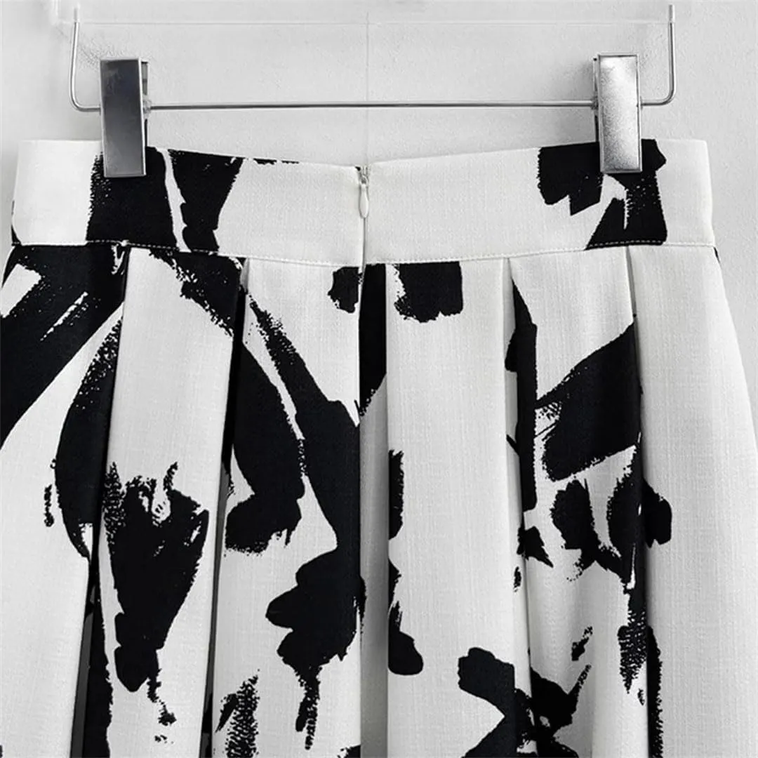 Women Skirts Printed Thin Midi Skirts High Waist Loose Pleated A-Line Skirts