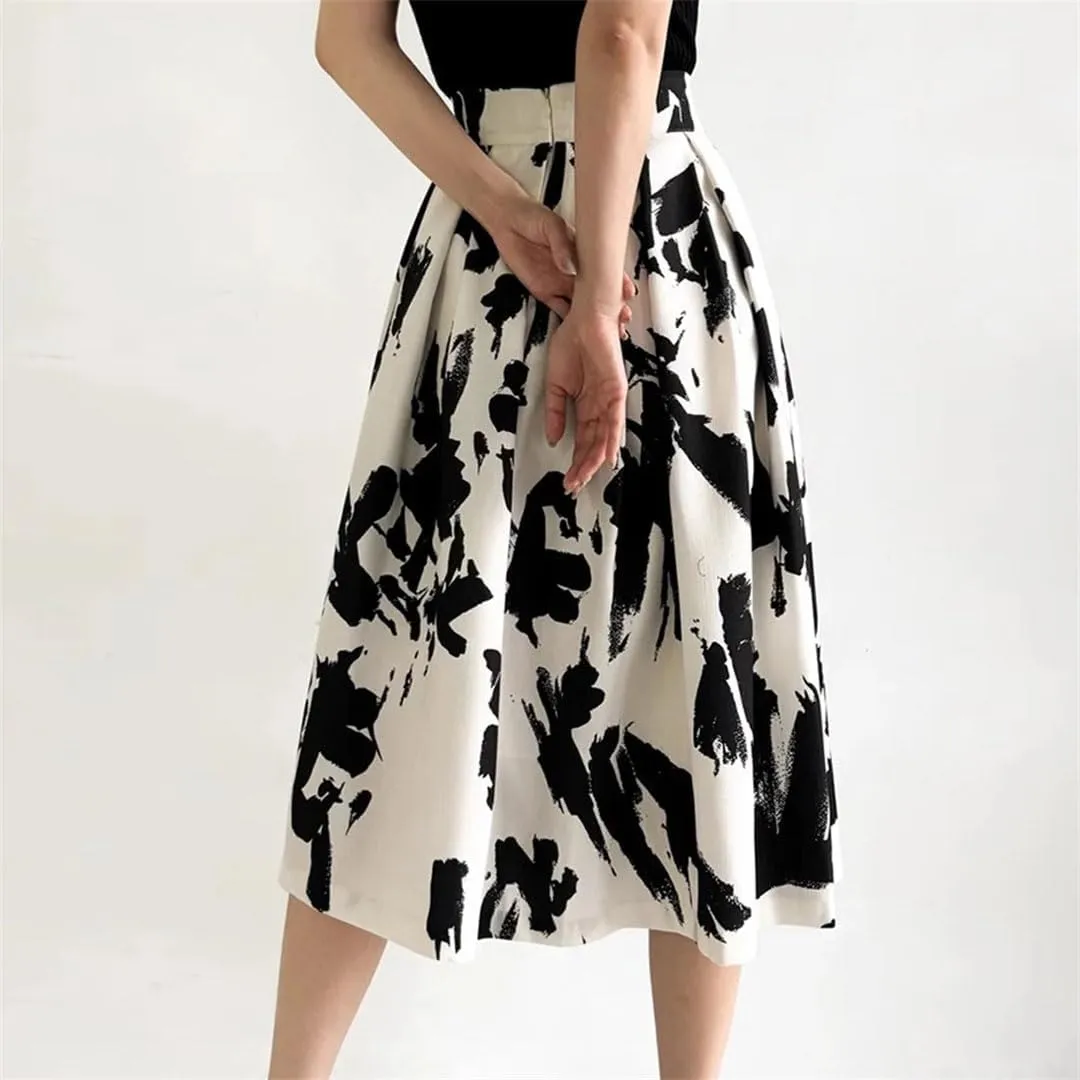 Women Skirts Printed Thin Midi Skirts High Waist Loose Pleated A-Line Skirts