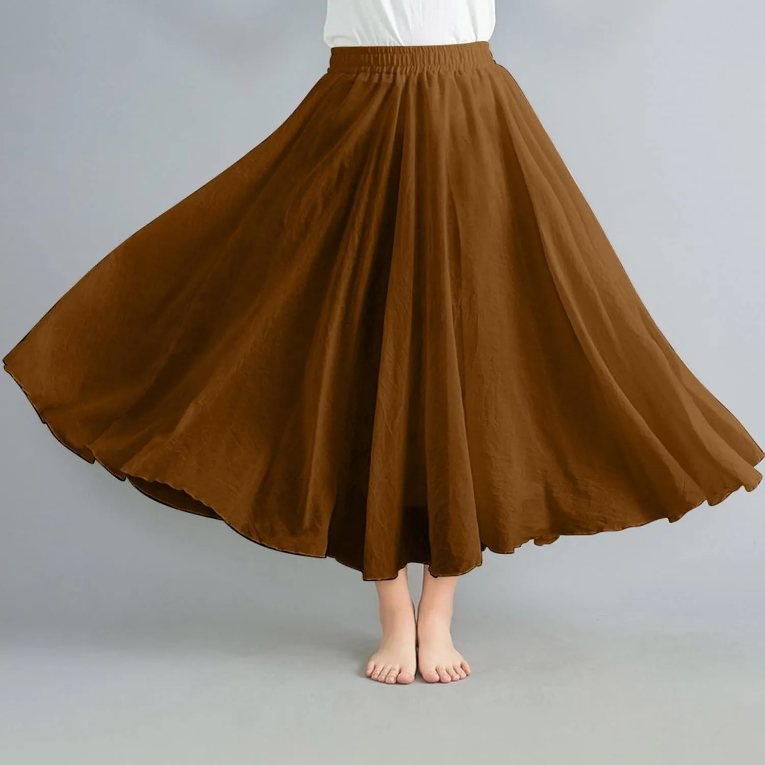 Women Solid Linen Maxi Skort Summer Elegant Bohemian Renaissance Long Skirts Casual Flowy Pleated Layered Tutu Skirt
