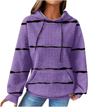 Women Striped Oversized Hoodies Long Sleeve Color Block Sweatshirt Drawstring Pullover Waffle Knit Tops Fall Outfits
