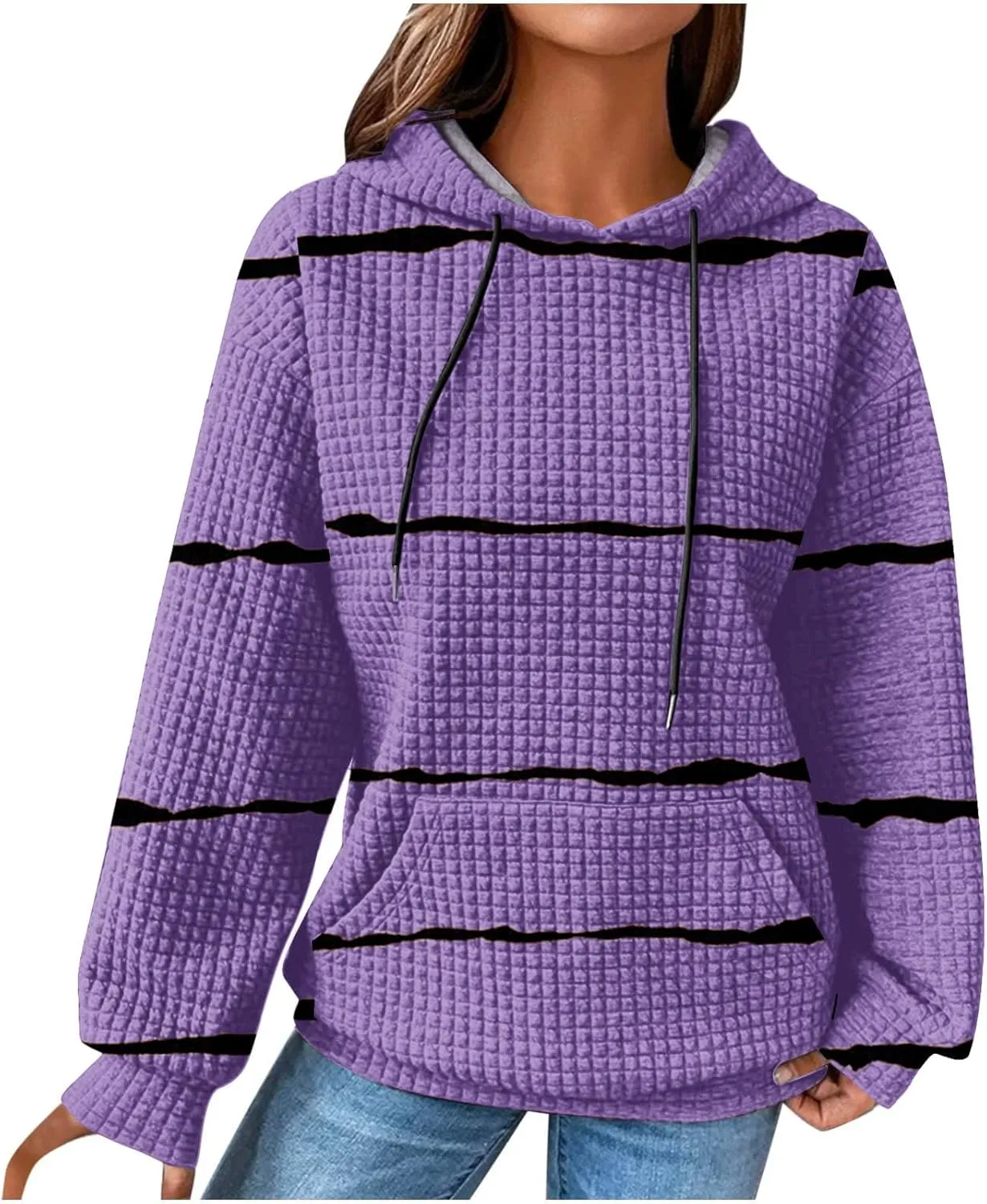 Women Striped Oversized Hoodies Long Sleeve Color Block Sweatshirt Drawstring Pullover Waffle Knit Tops Fall Outfits