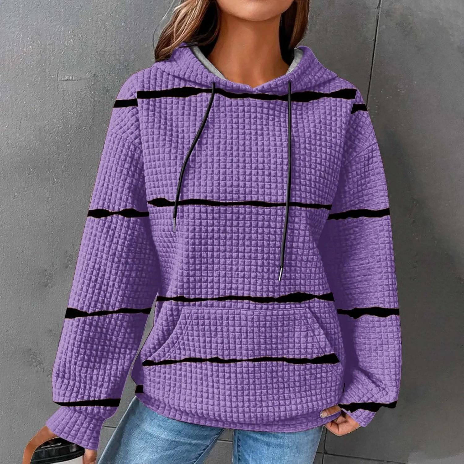 Women Striped Oversized Hoodies Long Sleeve Color Block Sweatshirt Drawstring Pullover Waffle Knit Tops Fall Outfits