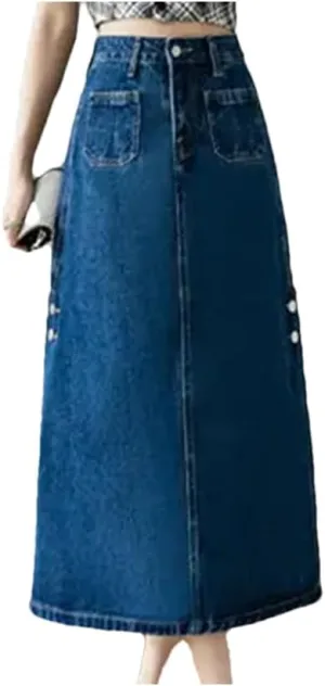 Women Stylish Busienss Slit Denim Skirt Summer Medium Length High Waisted Slim A-Line Skirt