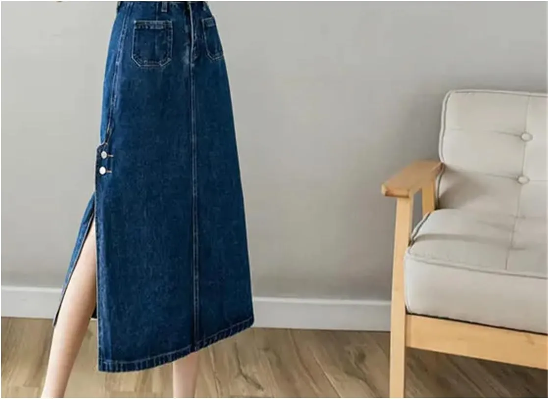 Women Stylish Busienss Slit Denim Skirt Summer Medium Length High Waisted Slim A-Line Skirt