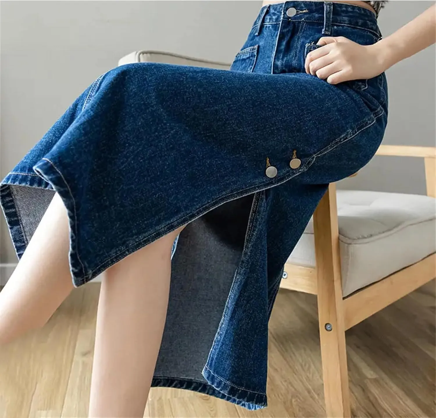 Women Stylish Busienss Slit Denim Skirt Summer Medium Length High Waisted Slim A-Line Skirt