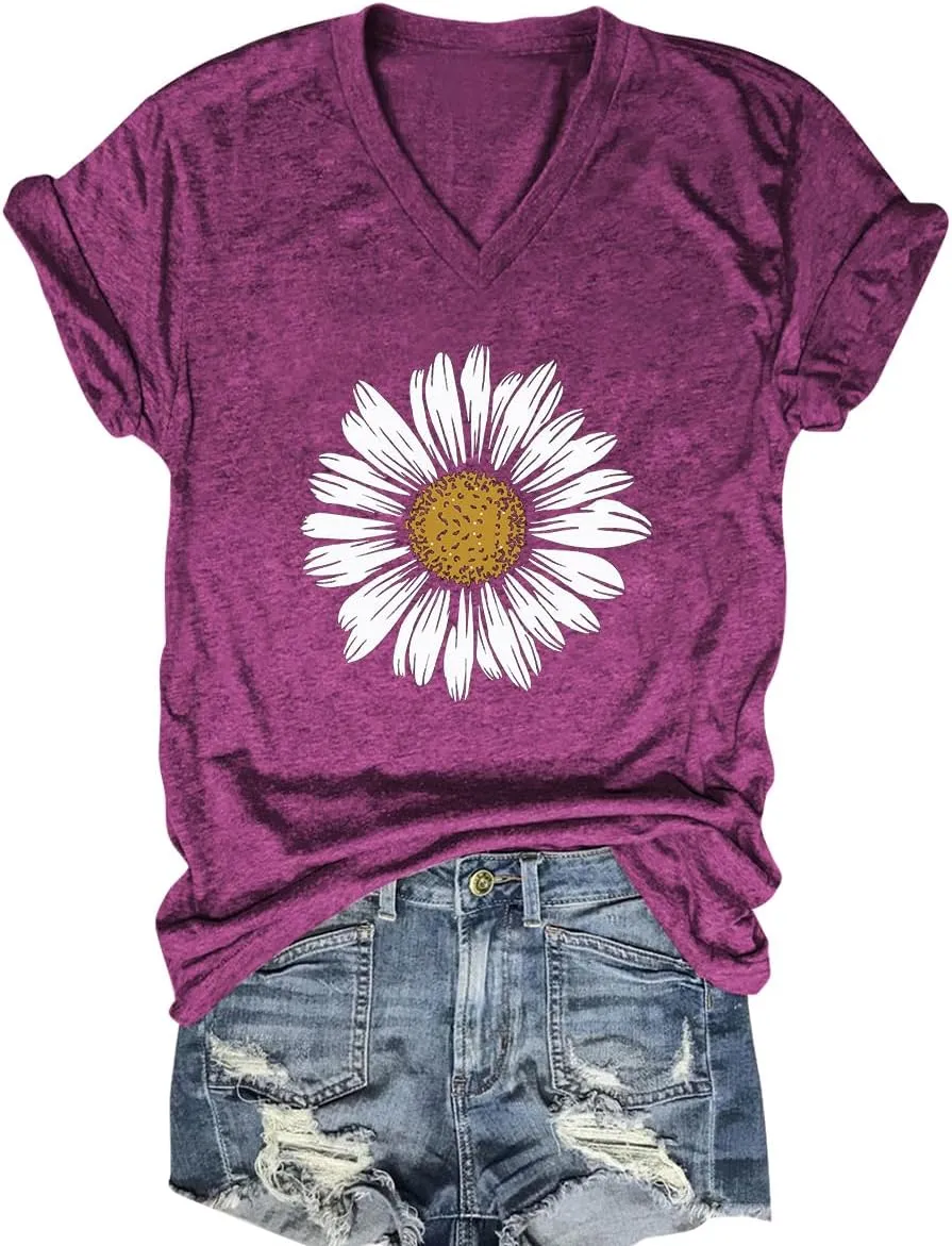 Women Summer Beach Tops Trees Print V Neck Short Sleeve Coconut Tree T Shirt Funny Graphic Tees