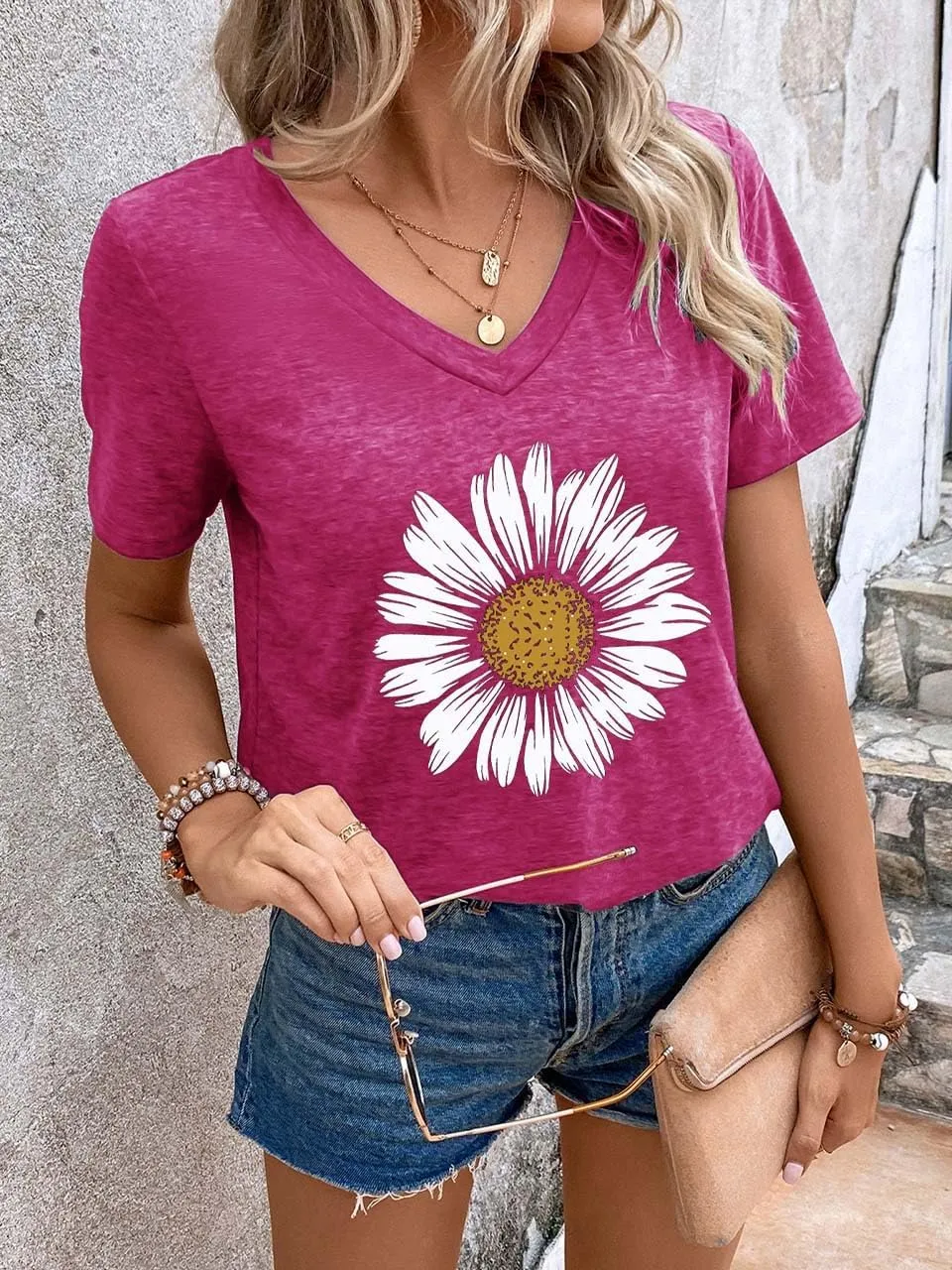 Women Summer Beach Tops Trees Print V Neck Short Sleeve Coconut Tree T Shirt Funny Graphic Tees