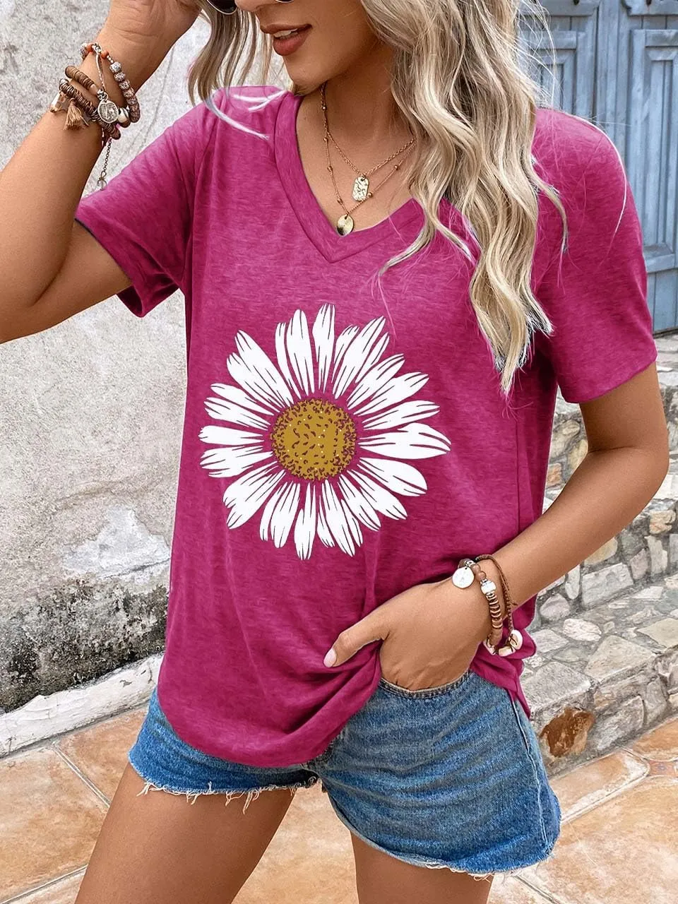 Women Summer Beach Tops Trees Print V Neck Short Sleeve Coconut Tree T Shirt Funny Graphic Tees