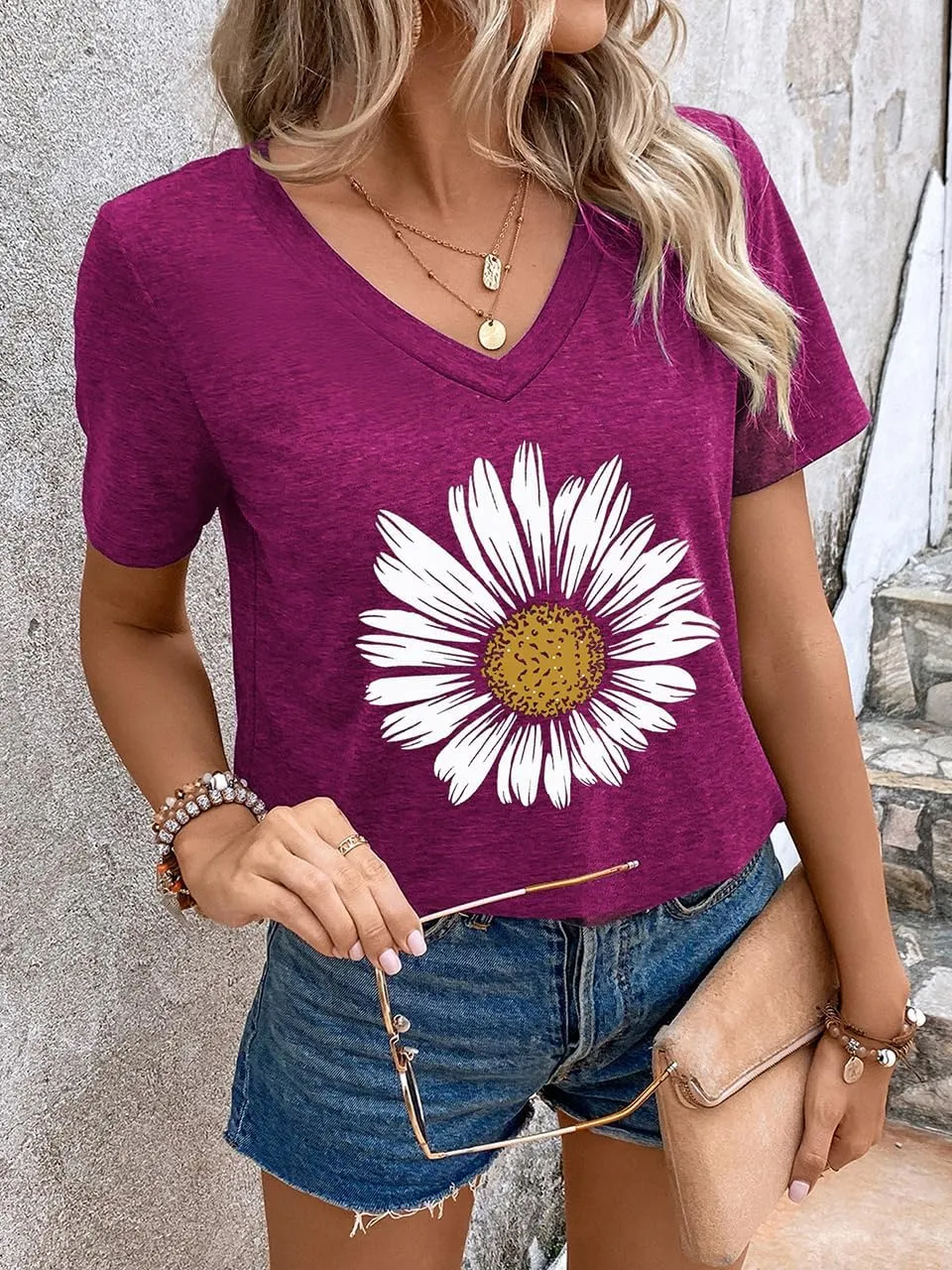 Women Summer Beach Tops Trees Print V Neck Short Sleeve Coconut Tree T Shirt Funny Graphic Tees