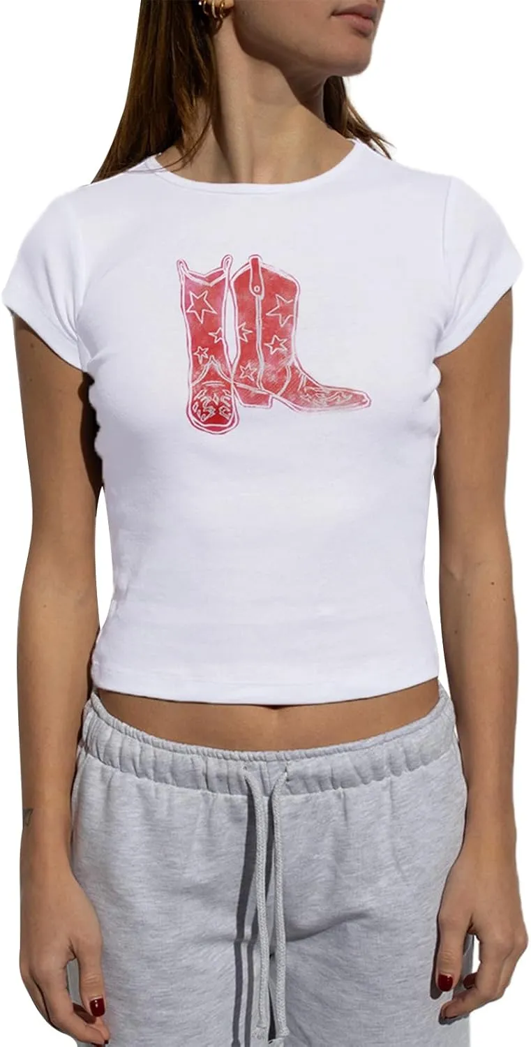 Women Y2K Aesthetic Graphic Baby Tees Short Sleeve Crewneck Fitted Crop Tops Teen Girl Summer Vintage White T Shirt