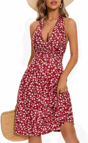 Women's 2025 Floral Halter Neck Mini Dress Summer Sleeveless Sundress with Elastic Waist Ruffle Hem Casual Beach Dresses
