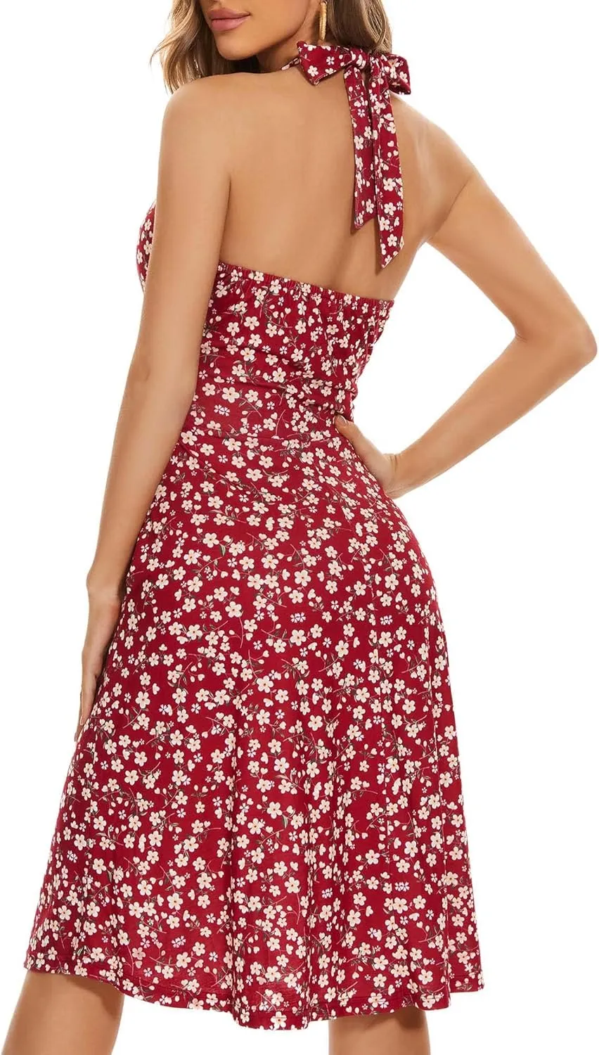 Women's 2025 Floral Halter Neck Mini Dress Summer Sleeveless Sundress with Elastic Waist Ruffle Hem Casual Beach Dresses