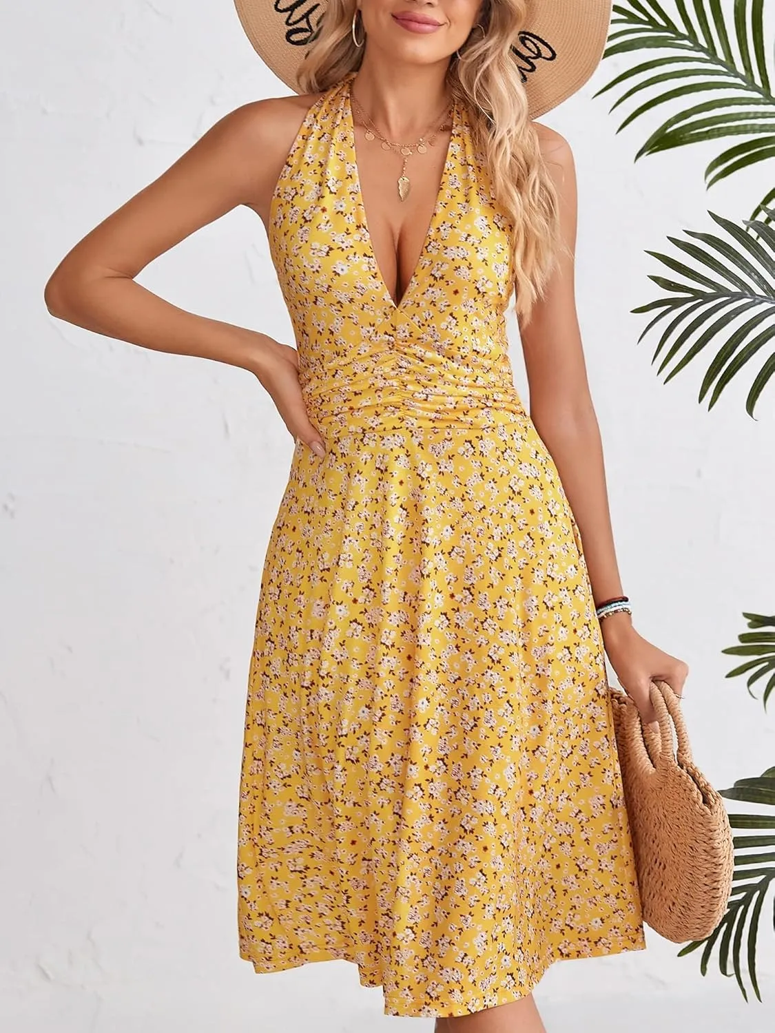 Women's 2025 Floral Halter Neck Mini Dress Summer Sleeveless Sundress with Elastic Waist Ruffle Hem Casual Beach Dresses
