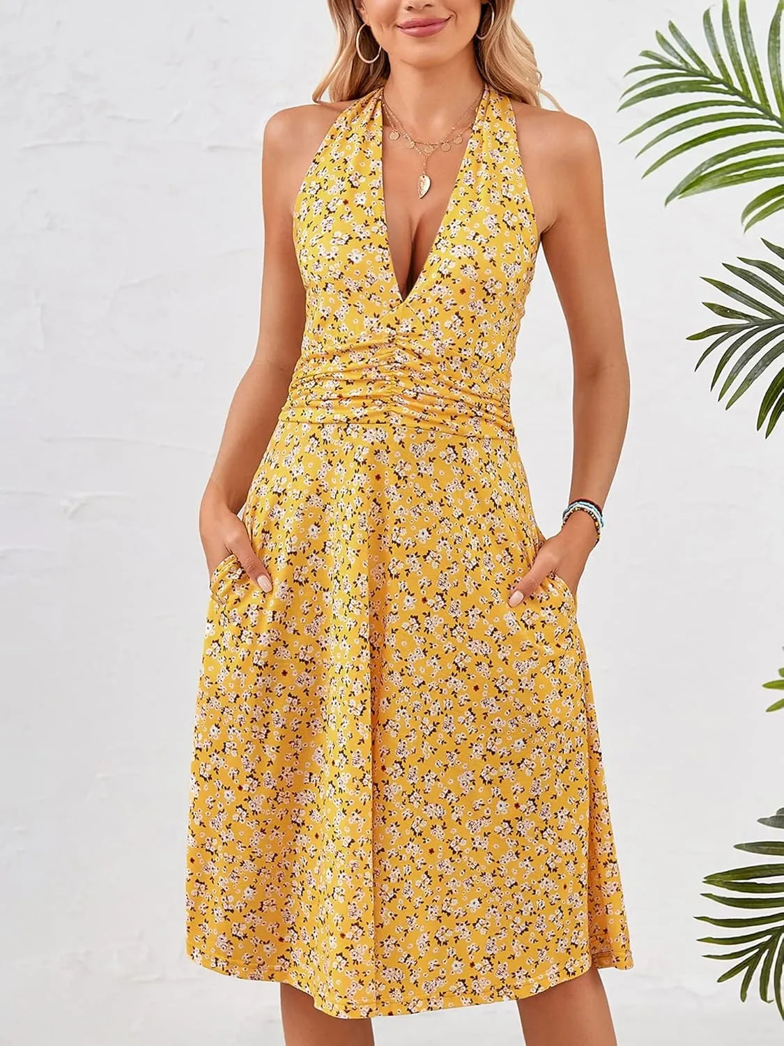 Women's 2025 Floral Halter Neck Mini Dress Summer Sleeveless Sundress with Elastic Waist Ruffle Hem Casual Beach Dresses