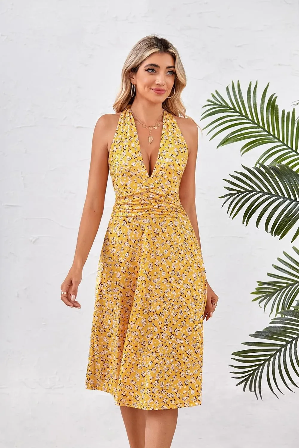 Women's 2025 Floral Halter Neck Mini Dress Summer Sleeveless Sundress with Elastic Waist Ruffle Hem Casual Beach Dresses