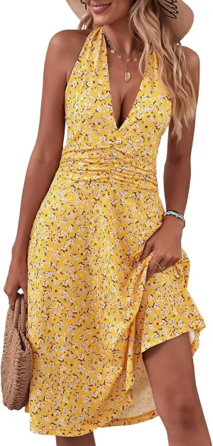 Women's 2025 Floral Halter Neck Mini Dress Summer Sleeveless Sundress with Elastic Waist Ruffle Hem Casual Beach Dresses