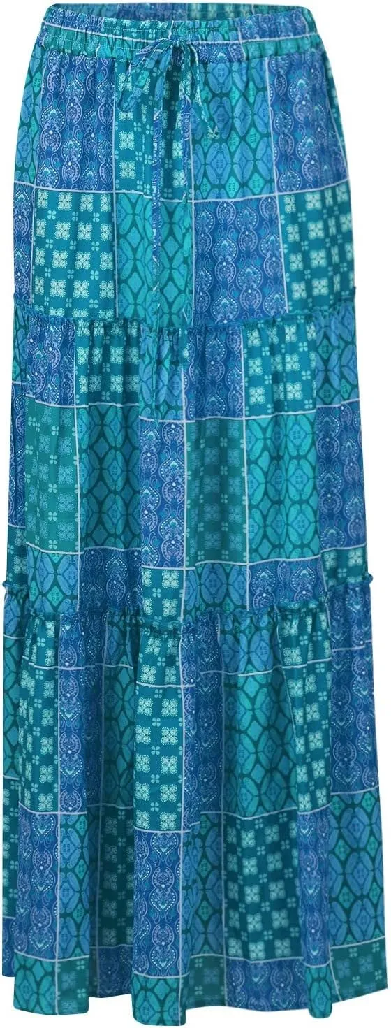 Womens 2025 Summer Boho Floral Maxi Skirt High Waist Casual Elastic Waist Flowy Pleated A Line Skirts with Pockets