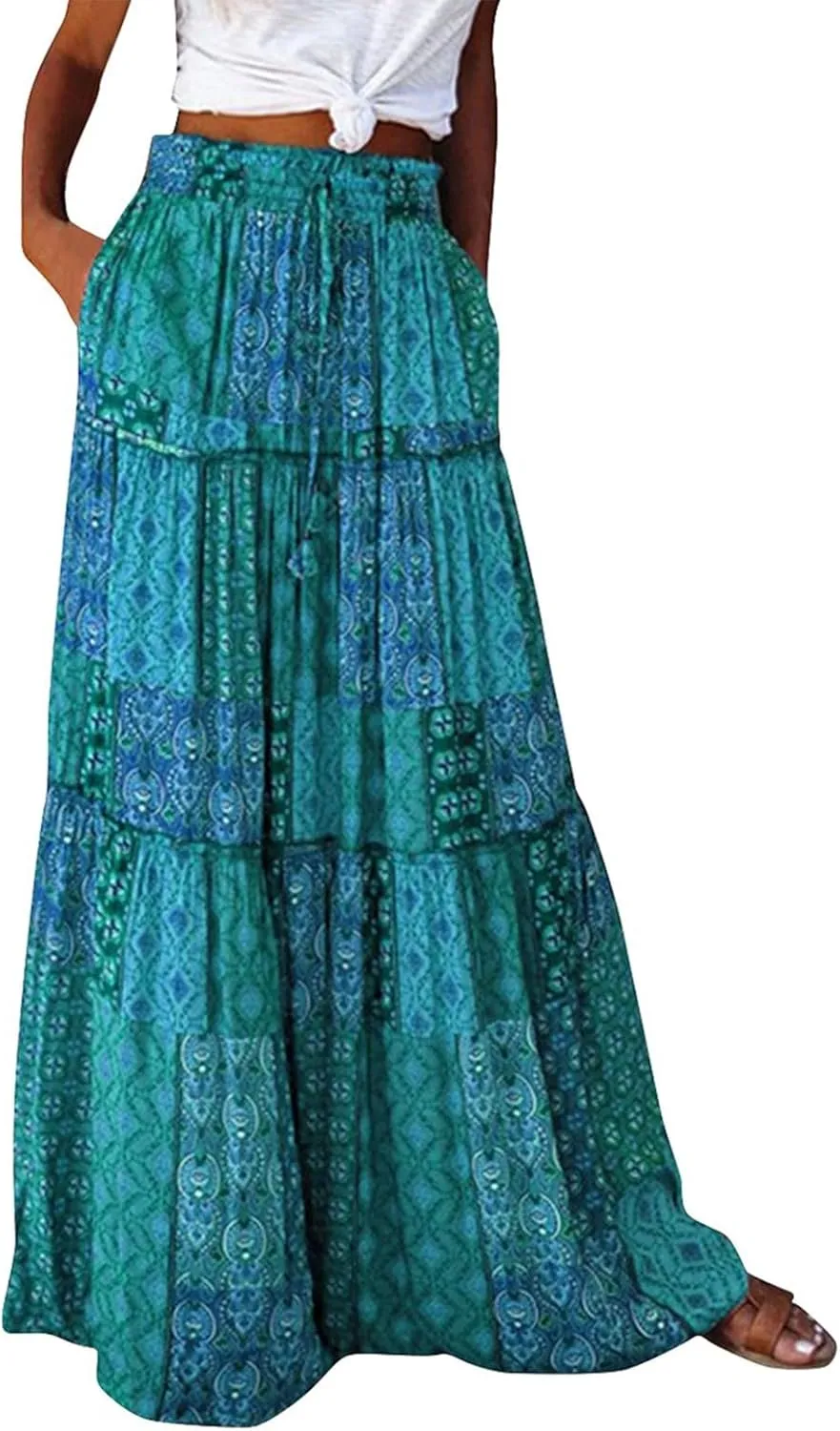 Womens 2025 Summer Boho Floral Maxi Skirt High Waist Casual Elastic Waist Flowy Pleated A Line Skirts with Pockets