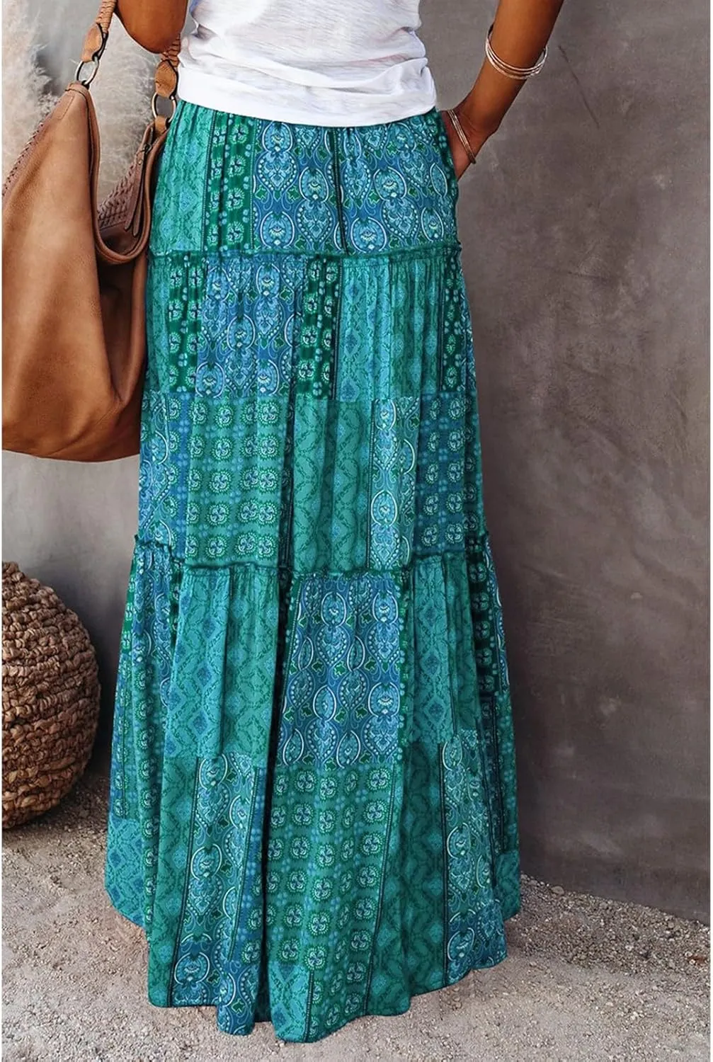 Womens 2025 Summer Boho Floral Maxi Skirt High Waist Casual Elastic Waist Flowy Pleated A Line Skirts with Pockets