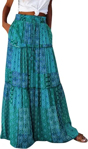 Womens 2025 Summer Boho Floral Maxi Skirt High Waist Casual Elastic Waist Flowy Pleated A Line Skirts with Pockets