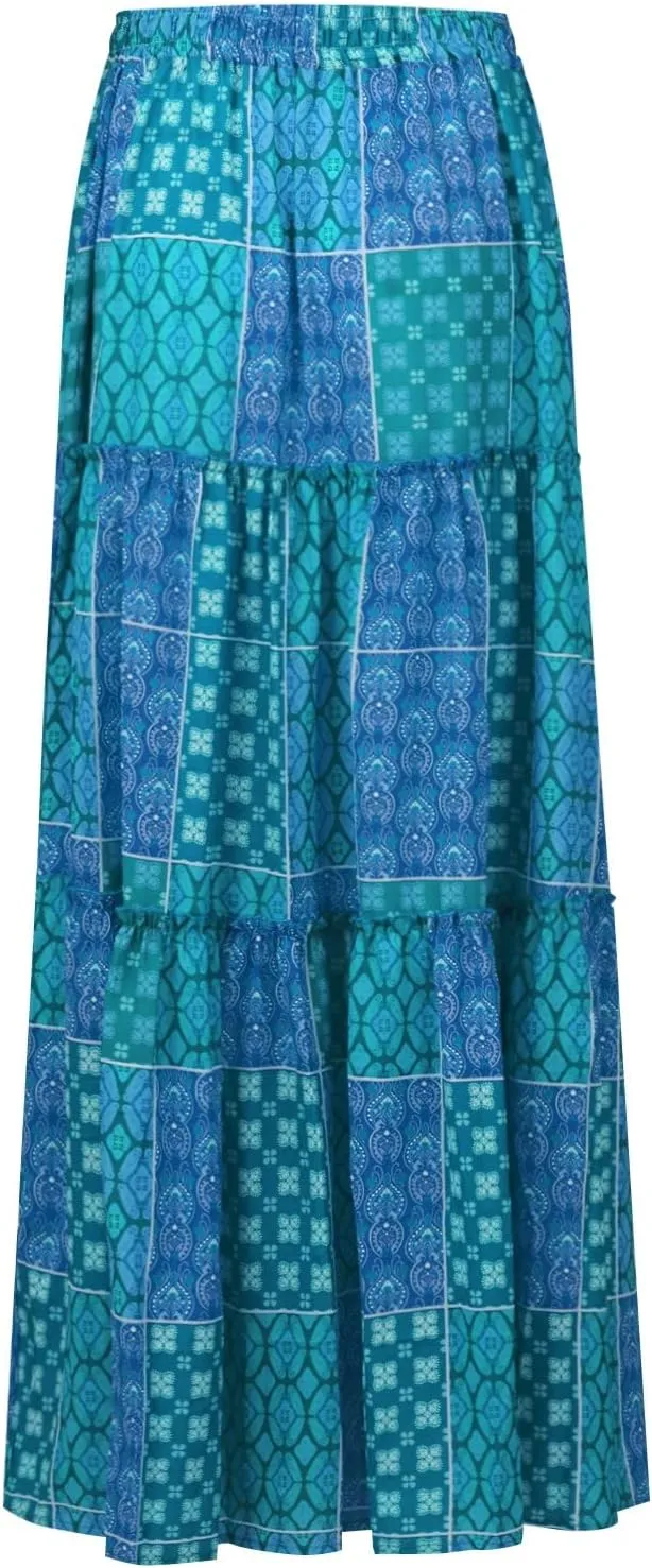 Womens 2025 Summer Boho Floral Maxi Skirt High Waist Casual Elastic Waist Flowy Pleated A Line Skirts with Pockets