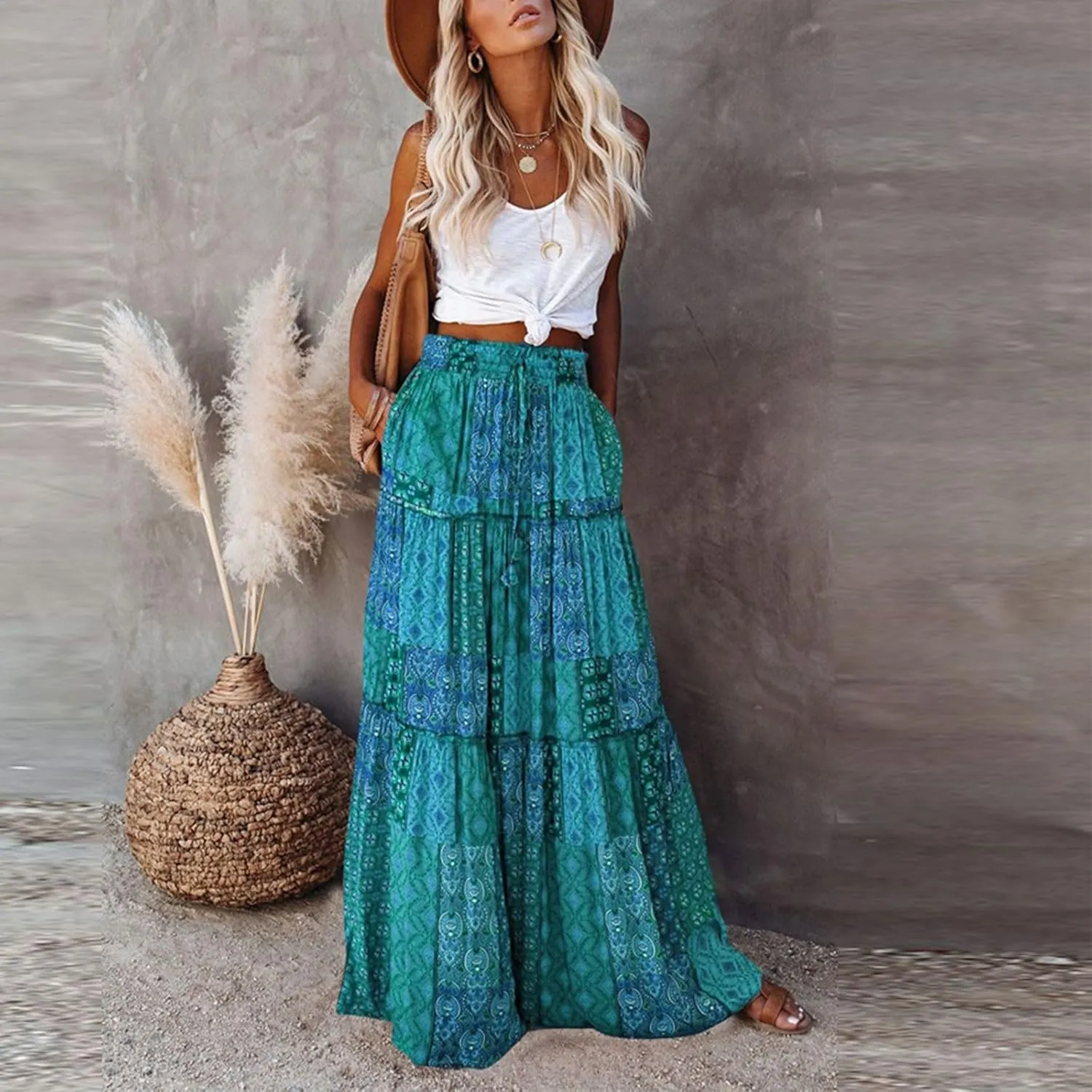 Womens 2025 Summer Boho Floral Maxi Skirt High Waist Casual Elastic Waist Flowy Pleated A Line Skirts with Pockets