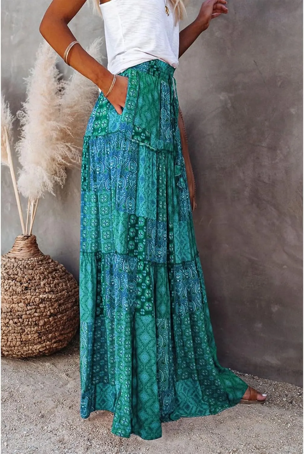 Womens 2025 Summer Boho Floral Maxi Skirt High Waist Casual Elastic Waist Flowy Pleated A Line Skirts with Pockets