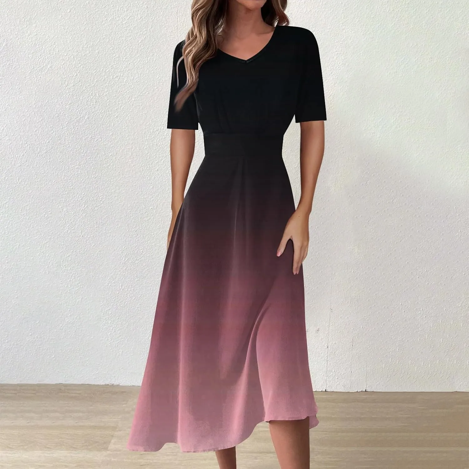 Women's 2025 Summer Casual Dresses Short Sleeve V Neck Flowy Loose Tiered Beach Swing Midi Dress