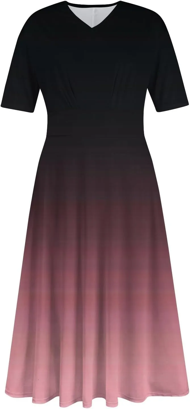 Women's 2025 Summer Casual Dresses Short Sleeve V Neck Flowy Loose Tiered Beach Swing Midi Dress