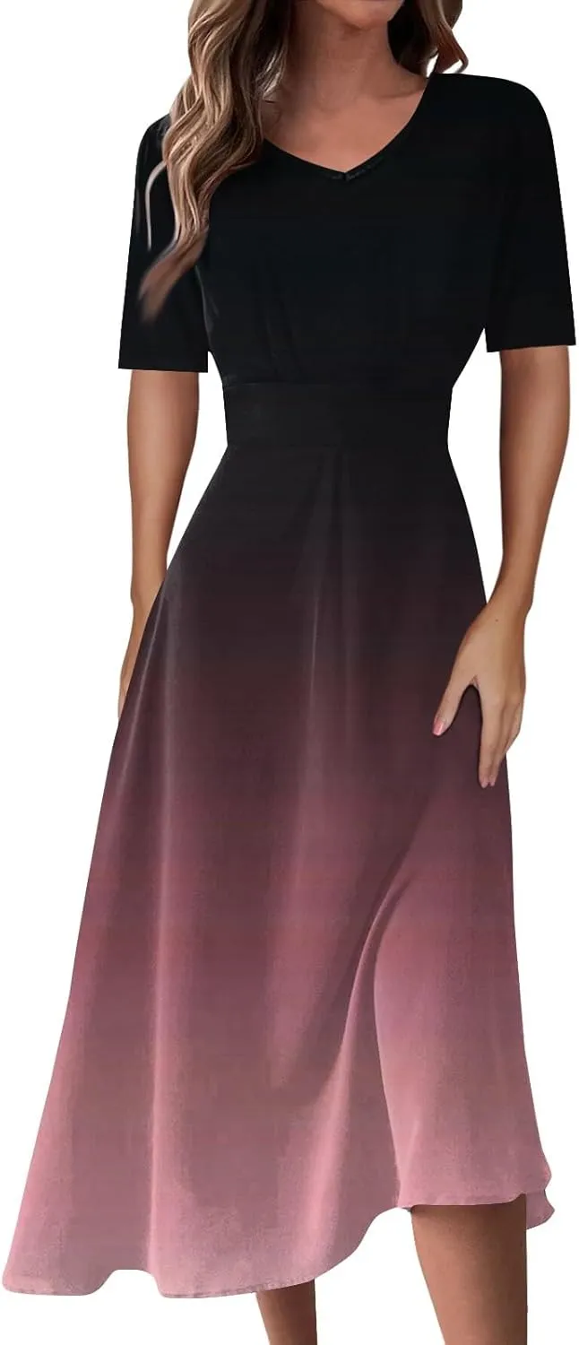Women's 2025 Summer Casual Dresses Short Sleeve V Neck Flowy Loose Tiered Beach Swing Midi Dress