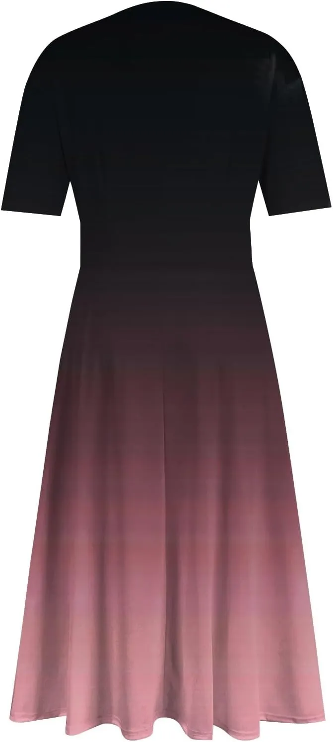 Women's 2025 Summer Casual Dresses Short Sleeve V Neck Flowy Loose Tiered Beach Swing Midi Dress