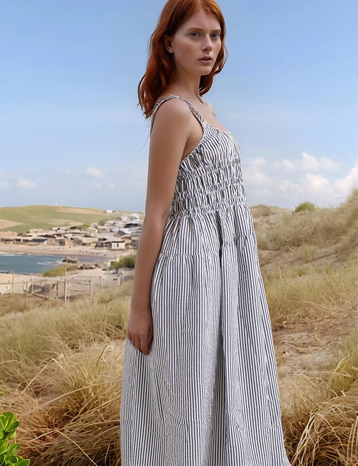 Women's 2025 Summer Striped Smocked Maxi Dress Sleeveless Boho Sundress Double Strap Flowy Swing for Beach Vacation