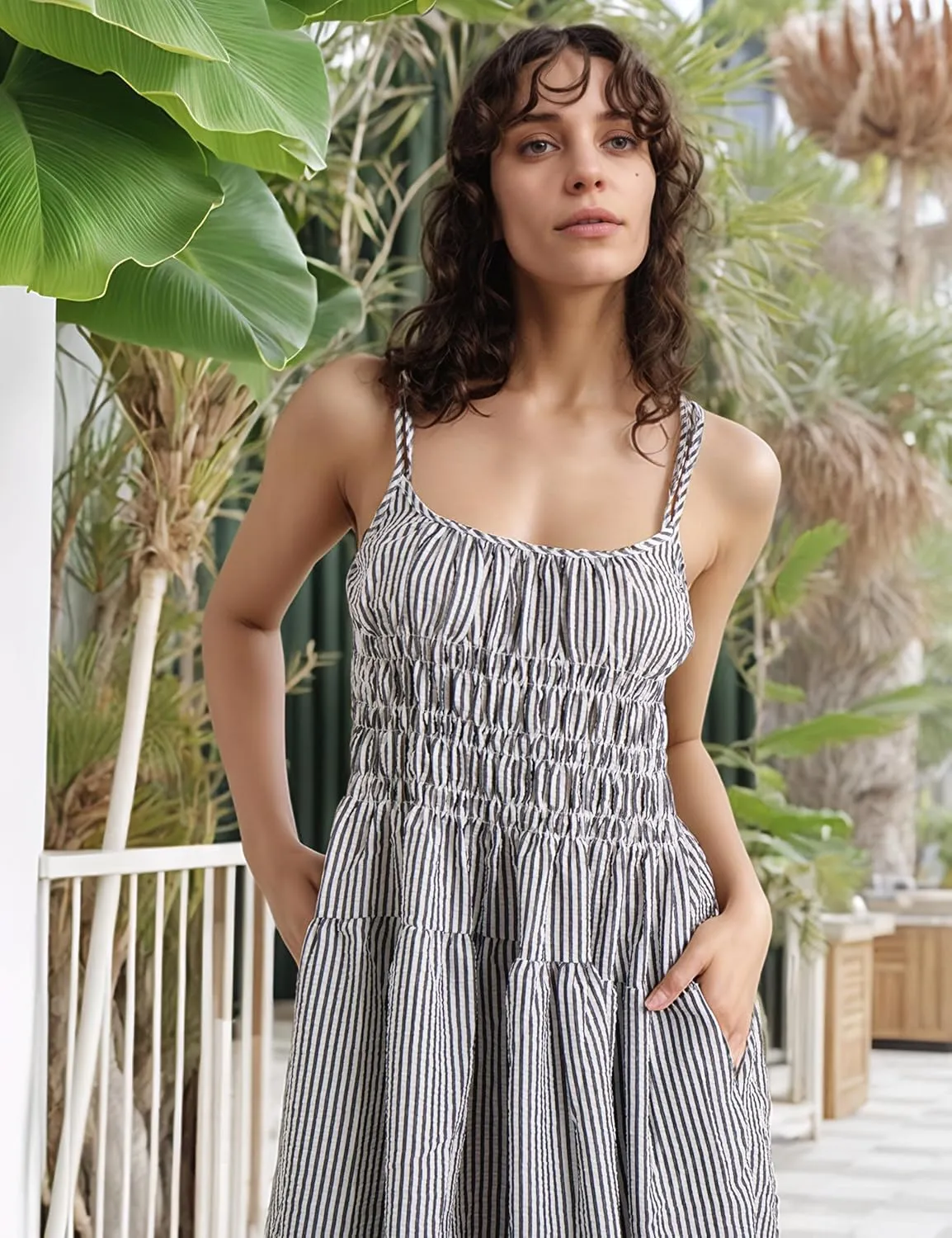 Women's 2025 Summer Striped Smocked Maxi Dress Sleeveless Boho Sundress Double Strap Flowy Swing for Beach Vacation