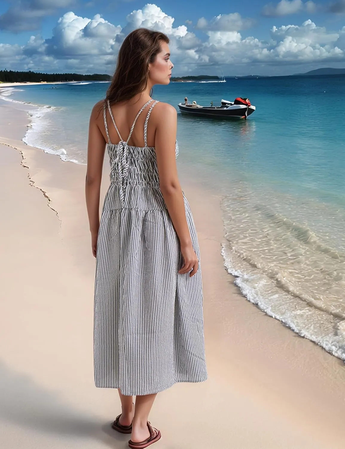 Women's 2025 Summer Striped Smocked Maxi Dress Sleeveless Boho Sundress Double Strap Flowy Swing for Beach Vacation