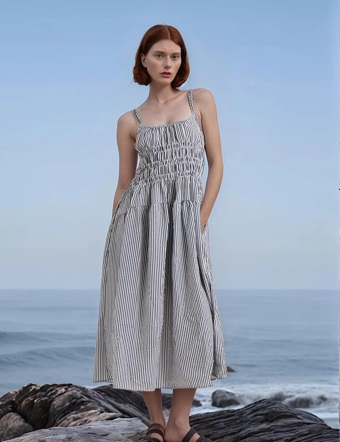 Women's 2025 Summer Striped Smocked Maxi Dress Sleeveless Boho Sundress Double Strap Flowy Swing for Beach Vacation